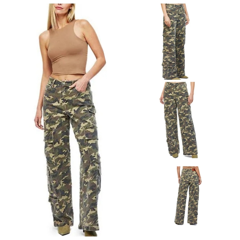 Camo Wide-Leg Cargo Pants - Olive Camo
